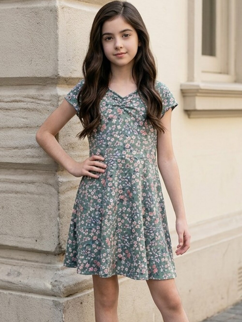 Zunie Girl L 10/12 Sage Floral Jersey Knit Short Sleeve Skater Dress Fit & Flare